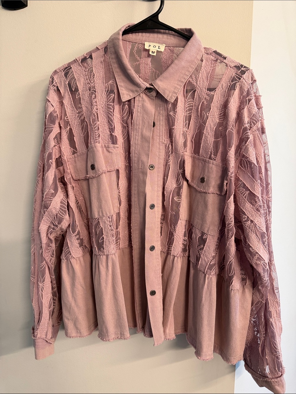POL Dusty Pink Lace Panel Button-Front Blouse